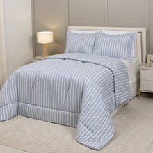Carregar imagem no visualizador da galeria, Edredom Chambrê Queen 3 peças Toque 300 Fios Listras Azul - Lavive