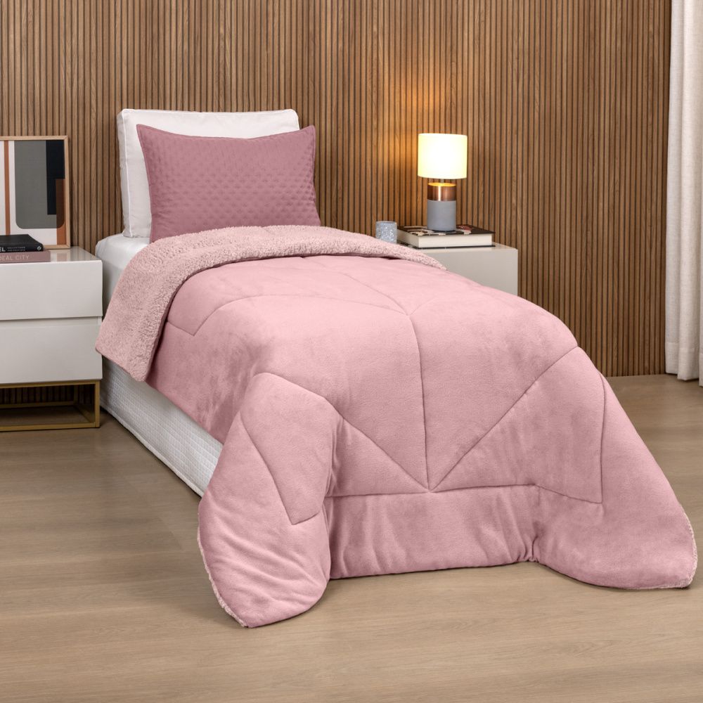 Coberdrom Winter Colors Solteiro Avulso Sherpa Colorida Dupla Face Rosê - Lavive