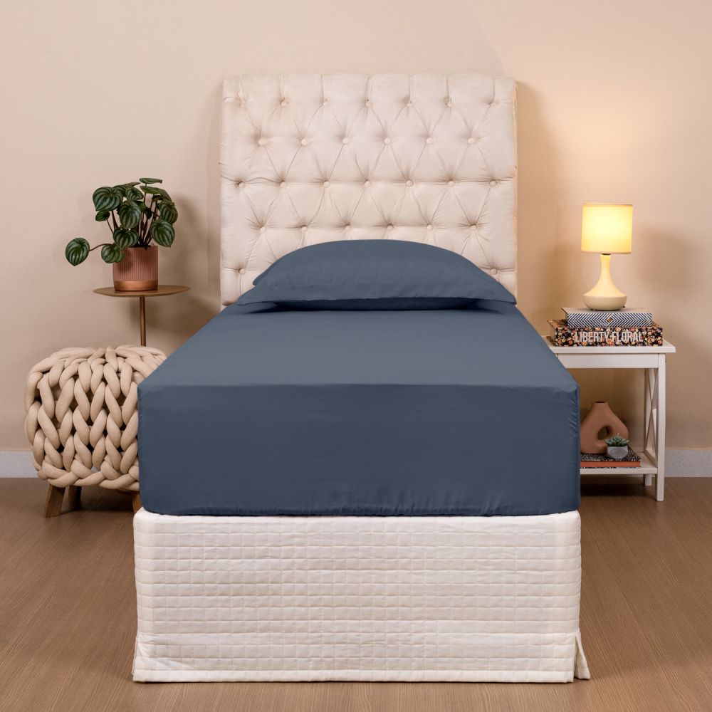 Jogo de Cama Solteiro 200 Fios 2 Peças Slim Marinho - Casa Paulinha