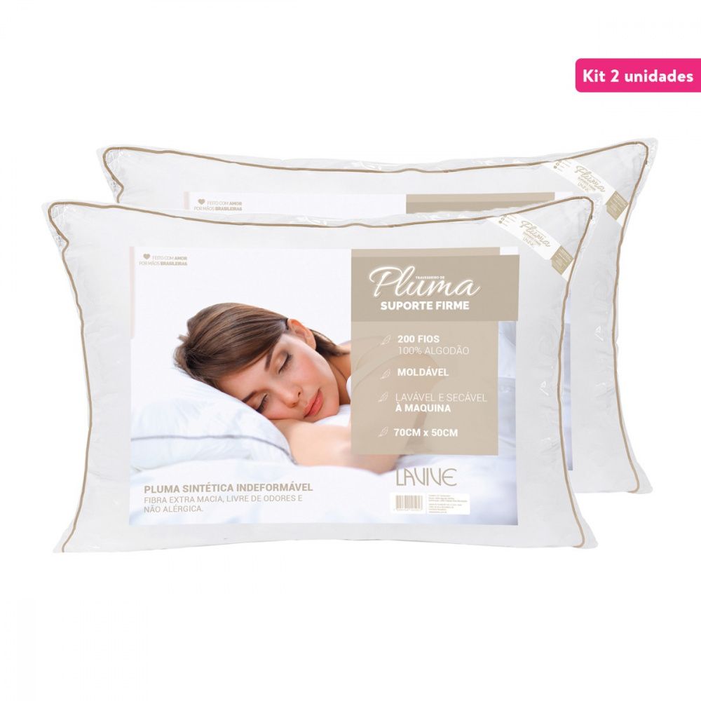 Kit 2 Travesseiros de Pluma 70cm x 50cm 200 Fios Suporte Firme - Lavive