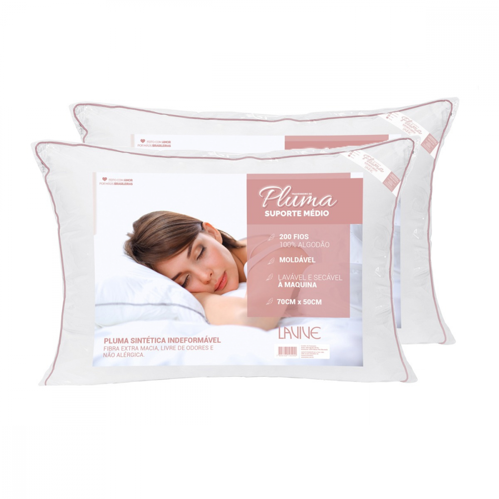Kit 2 Travesseiros de Pluma 70cm x 50cm 200 Fios Suporte Médio - Lavive
