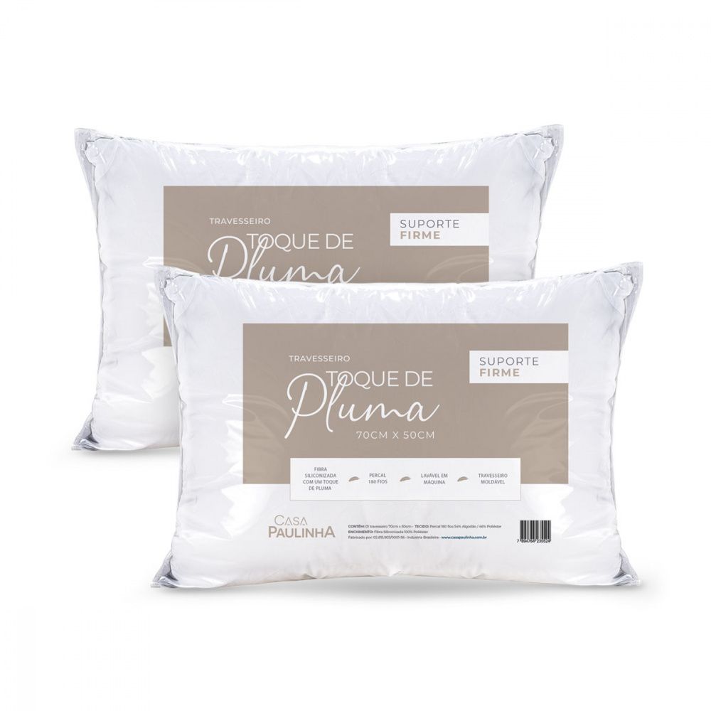 Kit 2 Travesseiros de Pluma 70cm x 50cm 180 Fios Suporte Firme - Casa Paulinha
